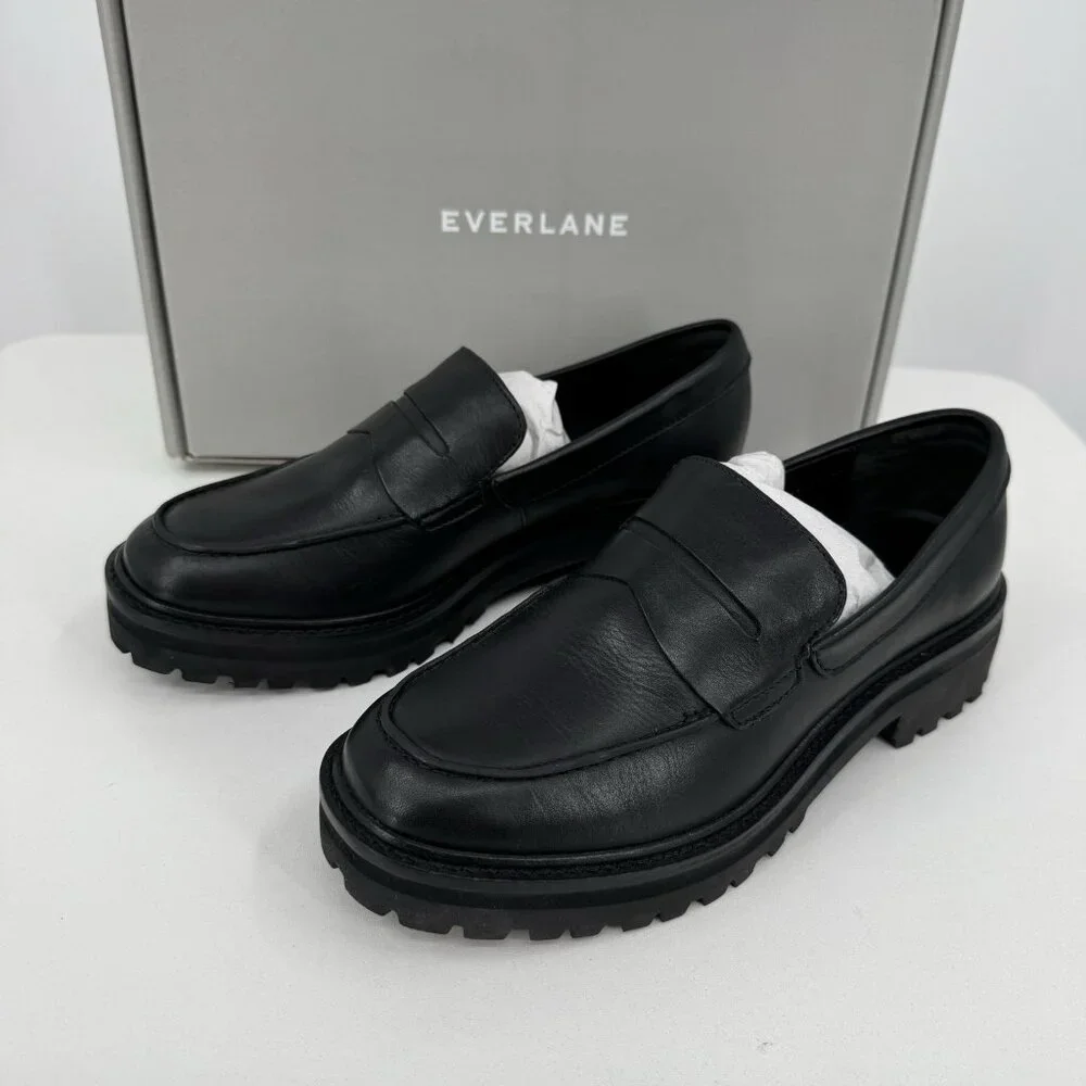 Everlane The Lug Loafer in Black Leather size 6 Women's Chunky Heel